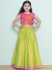 Girls Pink & Green Floral Printededed Ready to Wear Lehenga & Blouse with Shrug