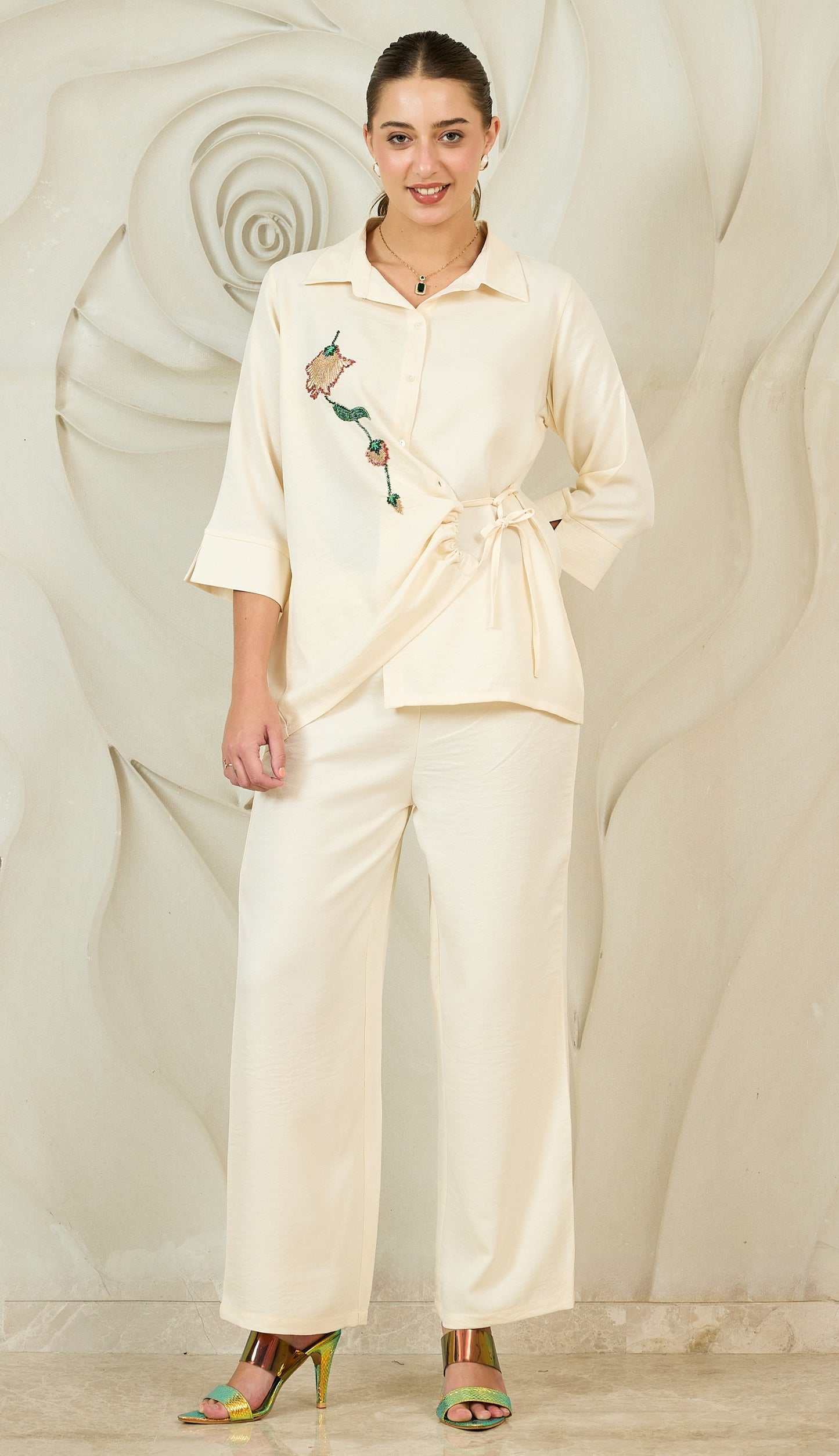 Cream Linen Embroidered Co-Ord Set
