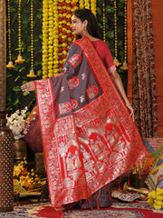 Traditional Red Art Silk Temple Border Festive Wedding Wear Saree