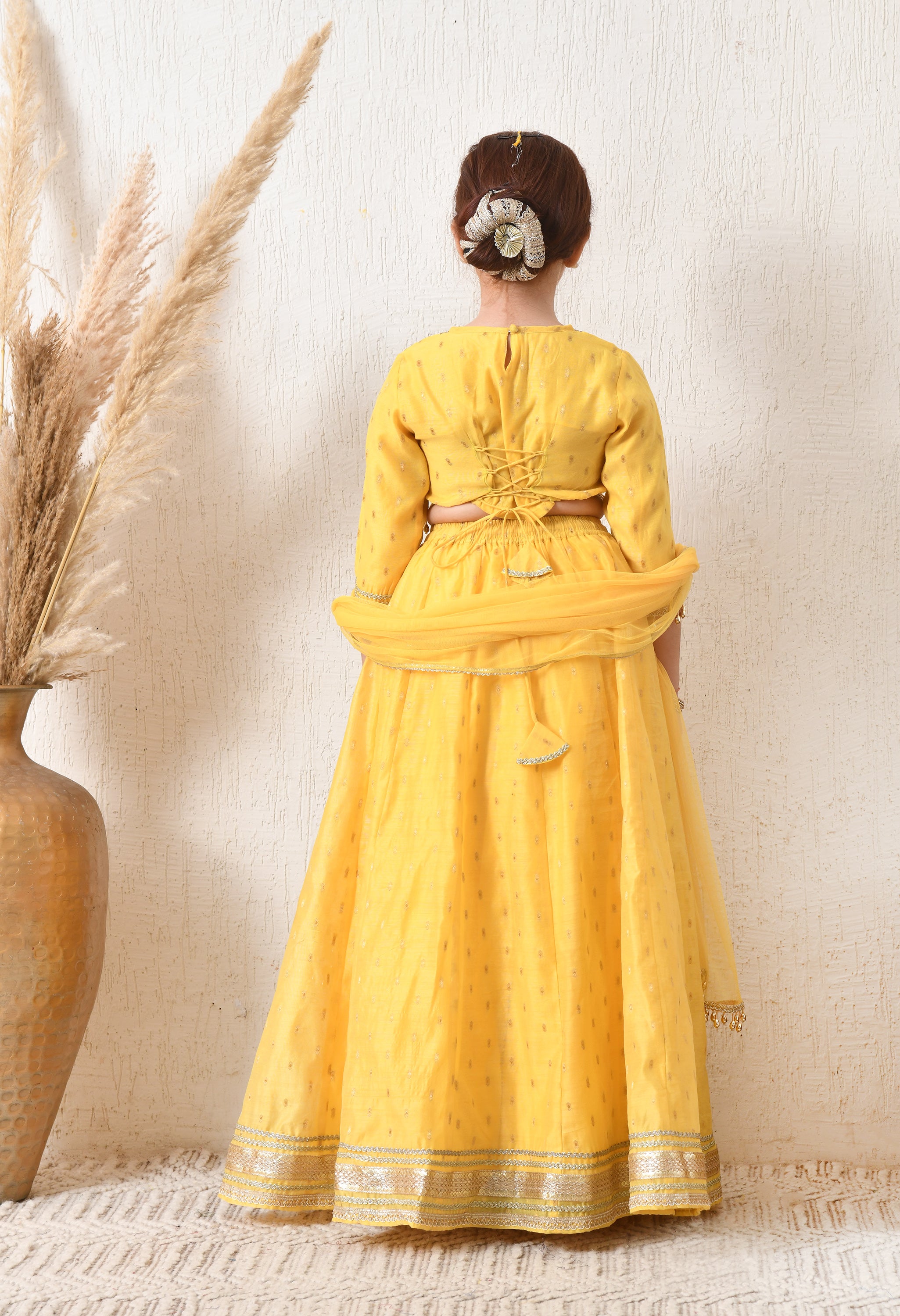Girls Yellow Embroidered Lehenga Choli Set with Net Dupatta