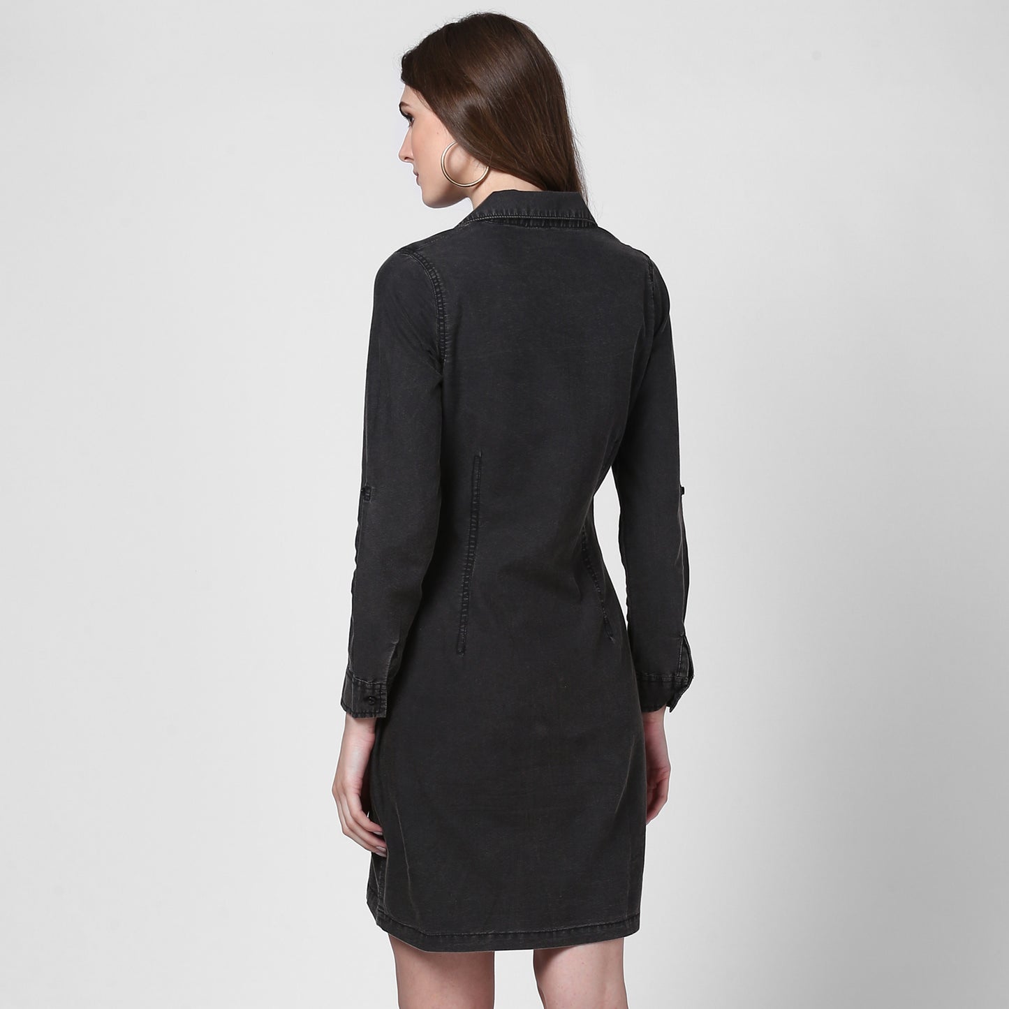 StyleStone Women's Black Denim Lapel Style Shirt Dress