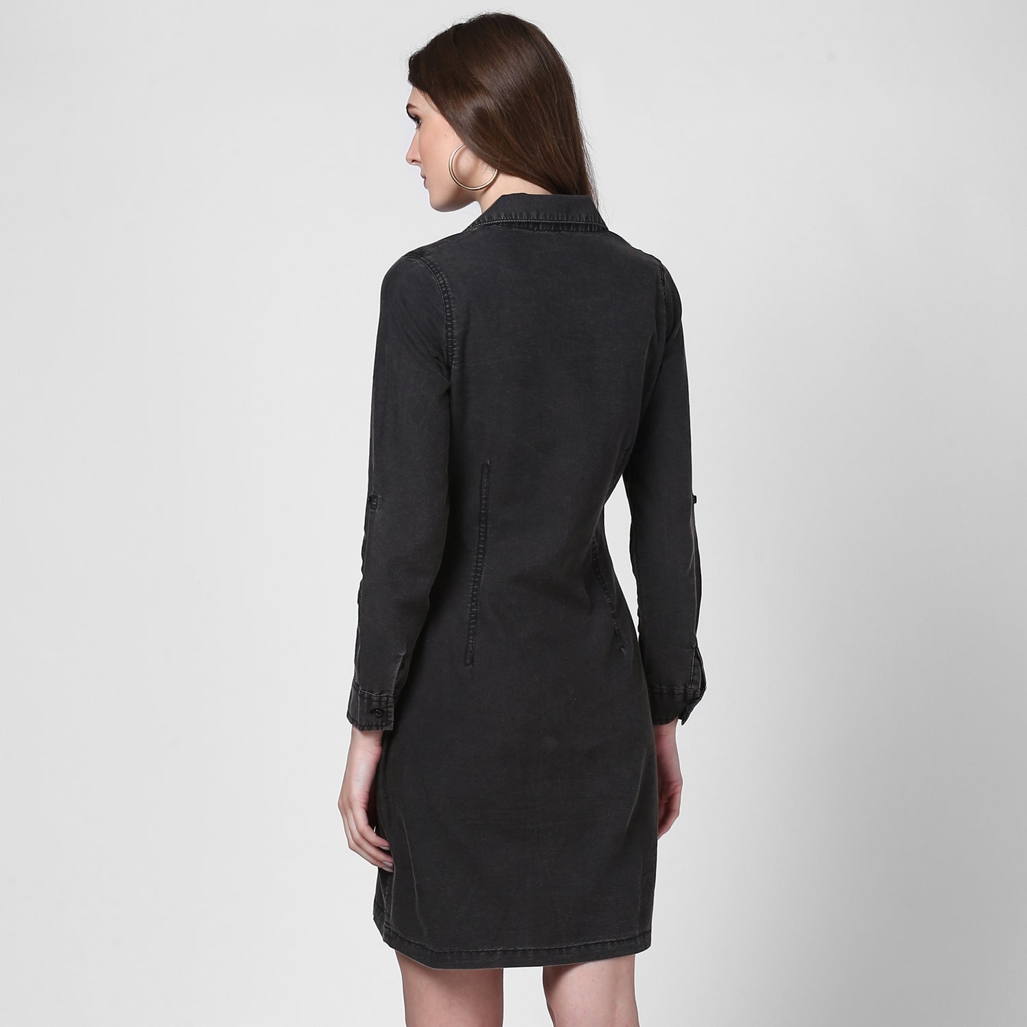 StyleStone Women's Black Denim Lapel Style Shirt Dress