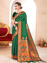 Pink Kanjivaram Silk Saree with Golden Zari and Colorful Peacock Woven Pallu Design