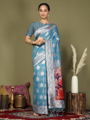Green Floral Linen Cotton Saree with Zari Border & Digital Printed Pallu – Elegant Sari for Festive Occasions