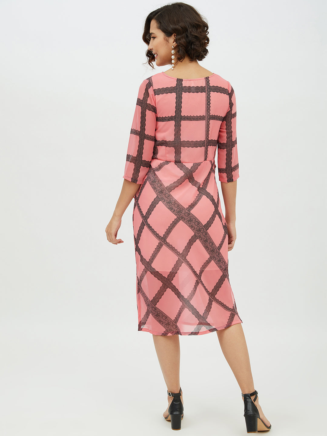 StyleStone Women's Pink Check front Tie Knot Midi Dress