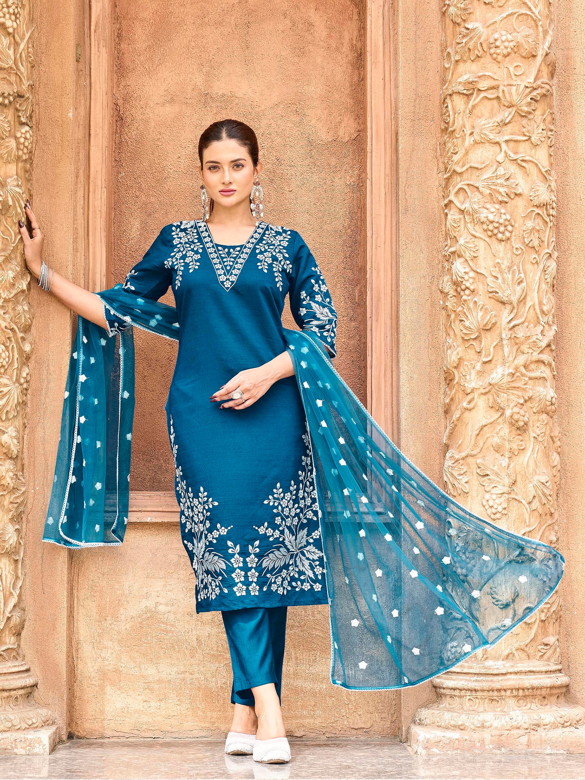 Teal color silk blend with off white thread embroidered kurta & trouser with dupatta set 