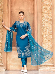 Teal color silk blend with off white thread embroidered kurta & trouser with dupatta set 