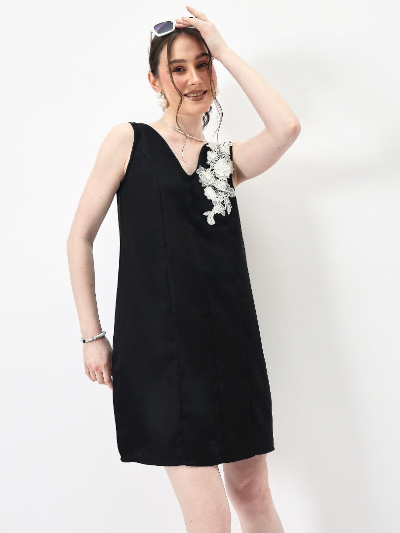 Floral Applique Linen Sheath Mini Dress-ADR-19722A