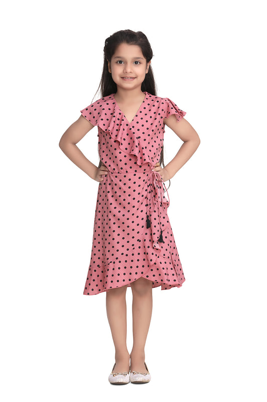 Girls Pink Polka Dot Polyester Crepe Dress with Ruffle