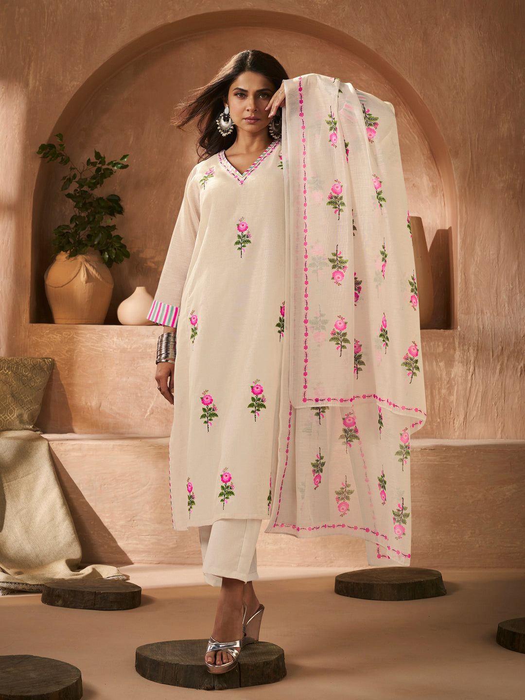 Off White Rose Embroidery Straight Kurta Set with Printed Dupatta