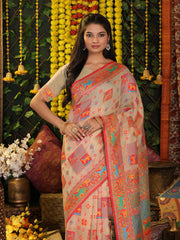 Off White Linen Cotton Saree with Multicolor Ethnic Print – Soft & Lightweight Saree for Festive, Daily, and Office Wear