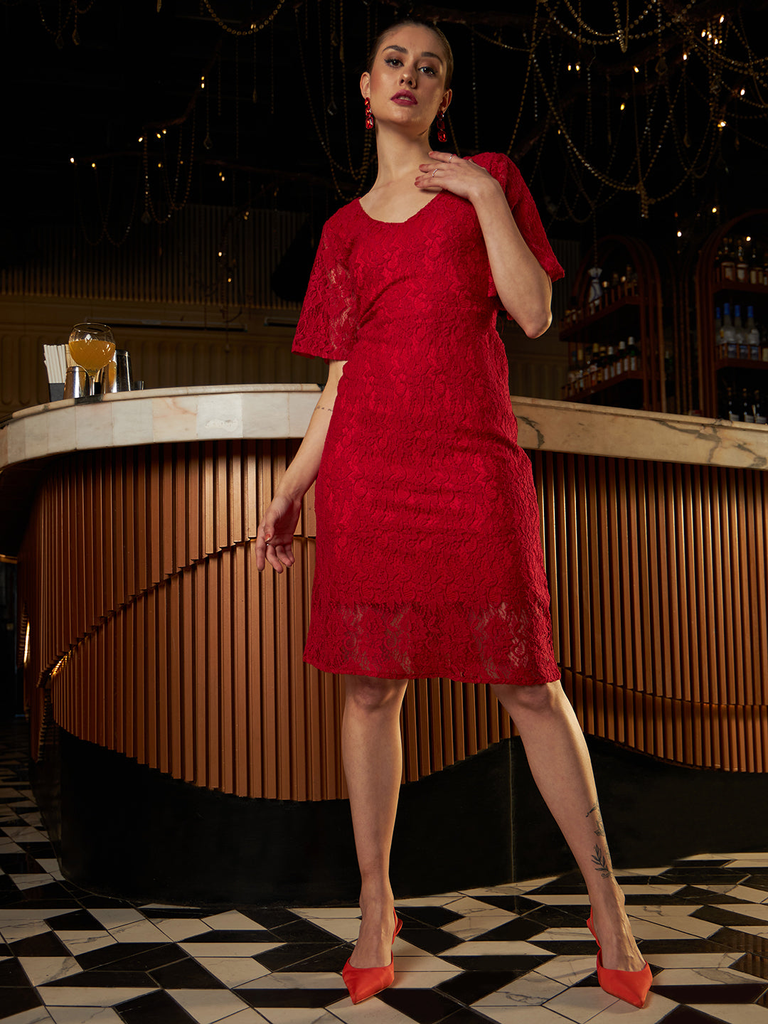 Self Design Bell Sleeves Lace A-Line Dress