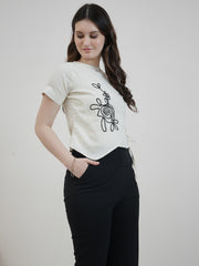Women Round Neck Floral Embroidered Tie-Ups Detail Cotton Crop Top