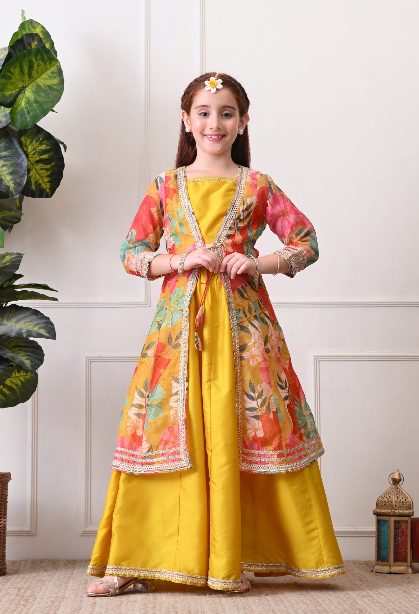 Girls Mustard Yellow Lehenga Choli Set with Multicolor Floral  Jacket
