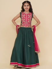 Boho Design Girls Pink Embroidered Choli Green Ready to Wear Lehenga With Dupatta
