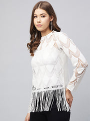 Women's White Sheer Lace Top with Fringes (Inner not provided)