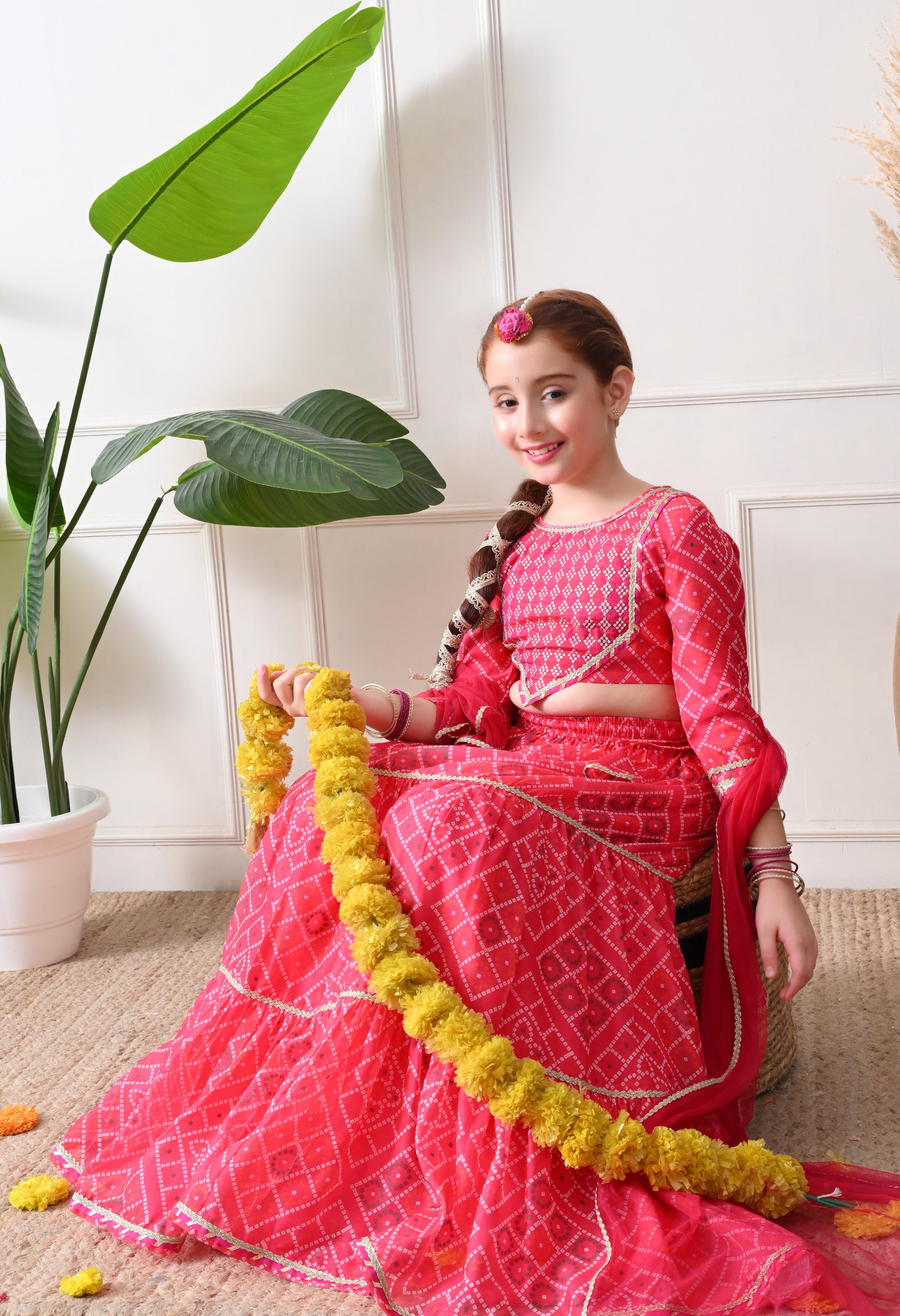 Girls Pink Printed Lehenga Choli Set with Embroidery and Dupatta