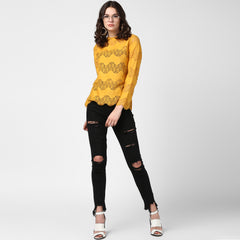 Women's Mustard Yellow Self Detail Lace Top