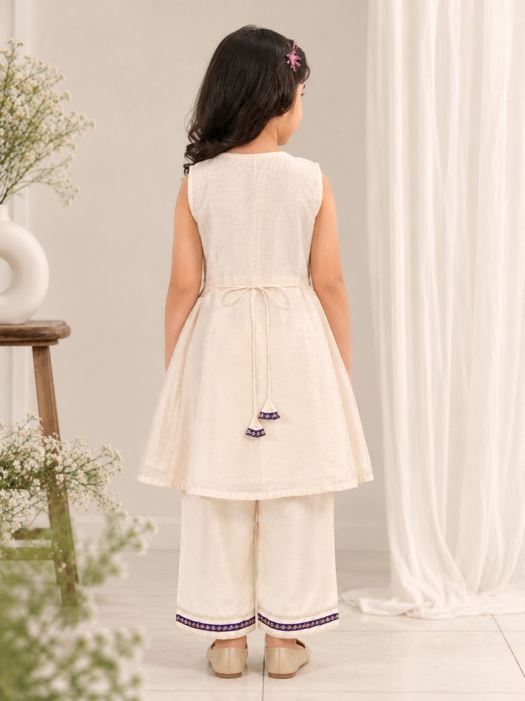 Girls Off White Embroidered Kurta With Farsi Salwar