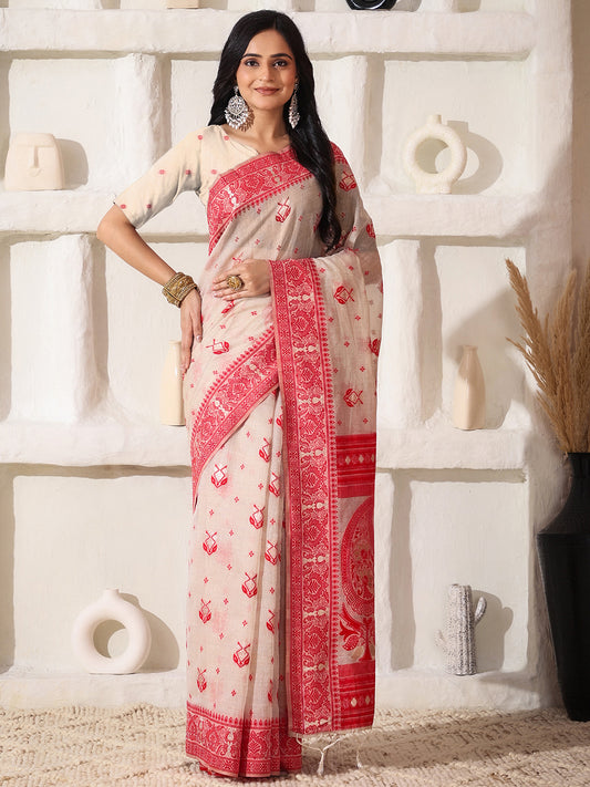 Elegant Woven Linen Cotton Saree for Durga Puja & Diwali | Ethnic Motif Design with Rich Zari Border | Soft, Breathable, Festive-Ready Traditional Drape