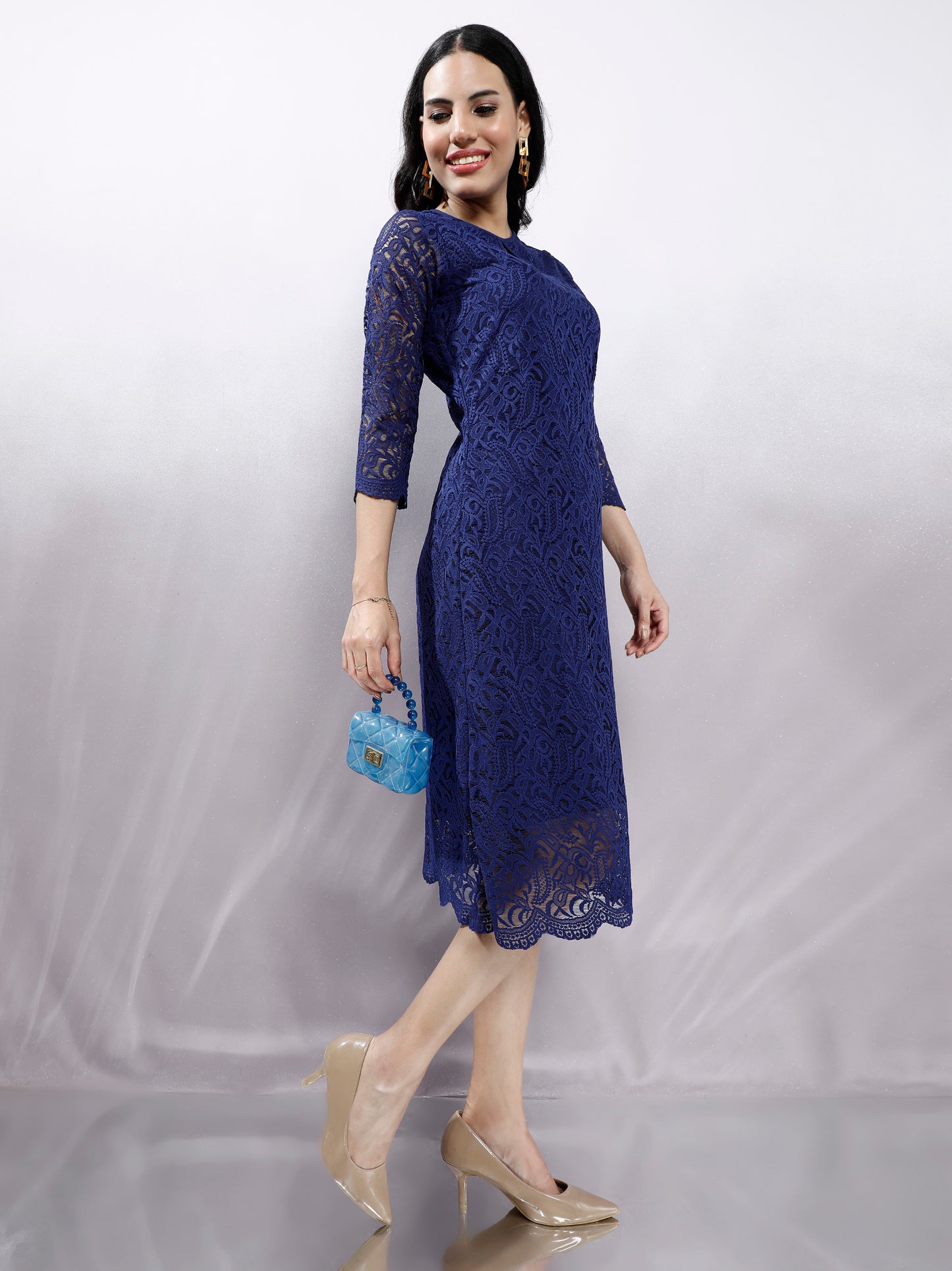 Navy Blue Keyhole Neck Lace Midi Sheath Dress