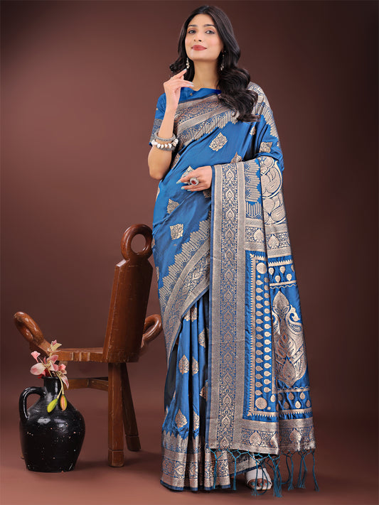 Graceful Royal Blue Banarasi Silk Saree with Silver Zari – Perfect Ethnic Wear for Weddings & Festive Moments