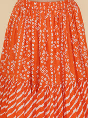 Girls Boho Design Pink Embroidered Choli Orange Bandhej Leheriya Ready to Wear Lehenga With Dupatta