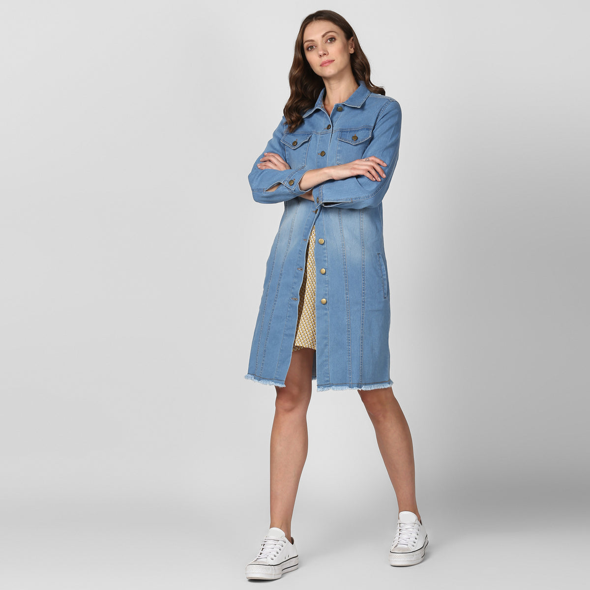 Women's Ice Blue Long Overcoat Style Denim Jacket with Washed effect