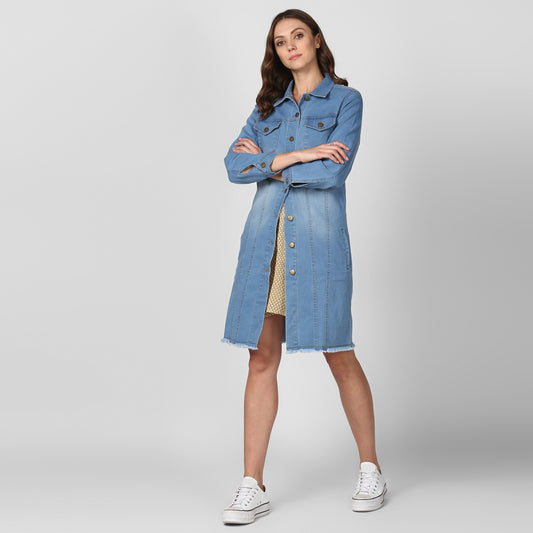 Women's Ice Blue Long Overcoat Style Denim Jacket with Washed effect