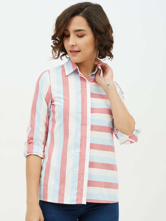 Women's Blue Colour Block Denim Shirt