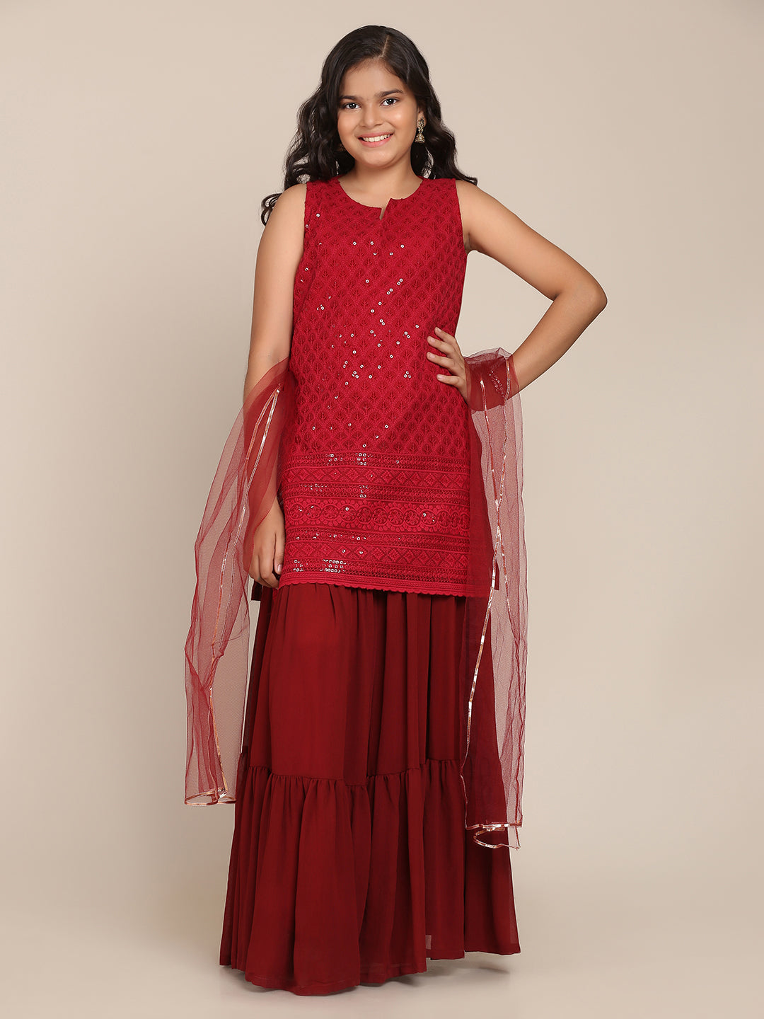Silk blend Woven Sleeveless Embroidered Flared Kurta And Skirt With Dupatta Set - Maroon