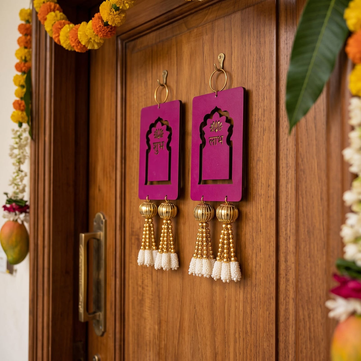 Shubh Labh Door Hanging, MDF Wood, Pink, 6.5Inch Pink 