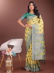 Stylish Green Linen Cotton Saree with Woven Design – Lightweight Elegance for Everyday Grace