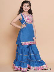 Girls Blue Solid Kurta with Sharara