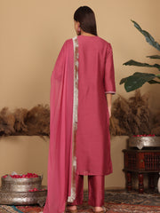 Women Mauve Silk Thread Embroidered Kurta Set With Dupatta