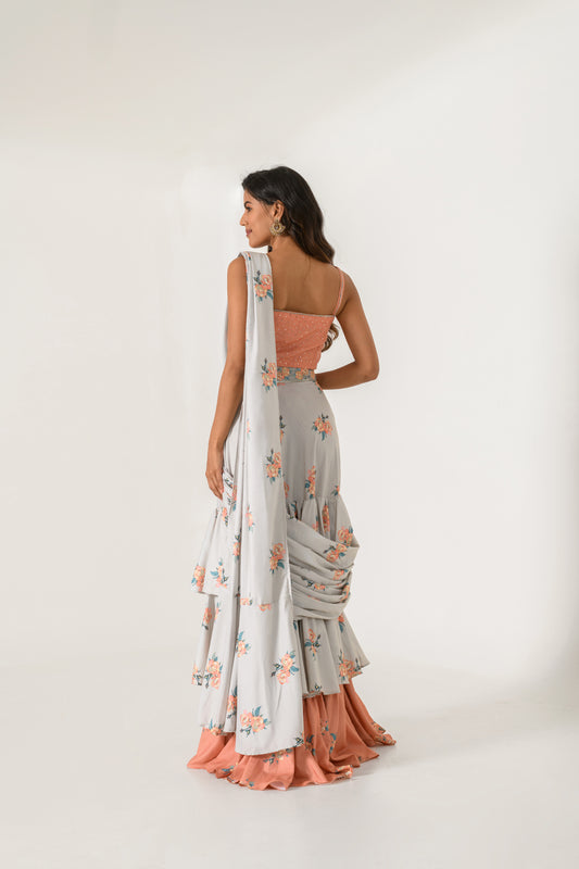 Scarlet Orange Bralette & Pista Green Ruffle Saree