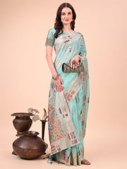 Linen Saree with Multicolor Weaving & Zari Pallu - Elegant & Lightweight for Everyday Grace