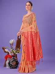 Light Pink Woven Zari Traditional Linen Cotton Saree with Rich Pallu & Unstitched Blouse – Festive & Wedding Wear Saree