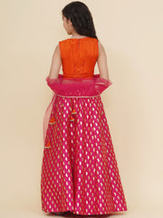 Girls Orange & Pink Embroidered Choli & Ready to Wear Lehenga With Dupatta