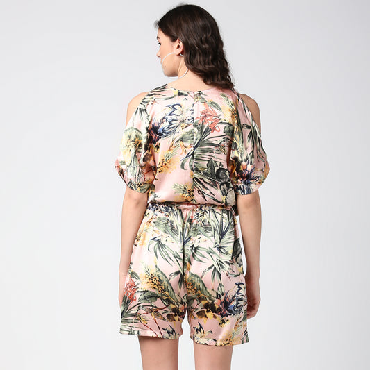 Women's Peach Satin Floral Playsuit