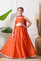 Girls Girls Orange Embellished Lehenga Choli Set with Dupatta Ethnic Wear