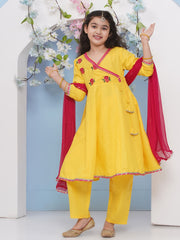 Girls Yellow Embroidered Angrakha Kurta with Trousers with dupatta