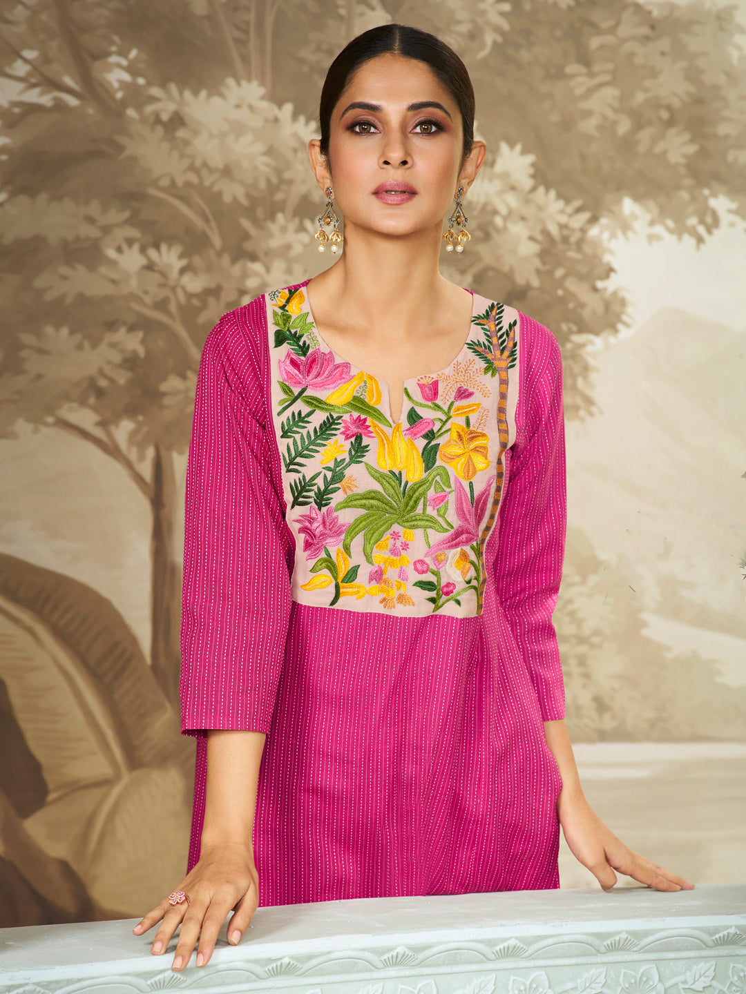 Pink Embroidered Yoke Straight Kurta Set.