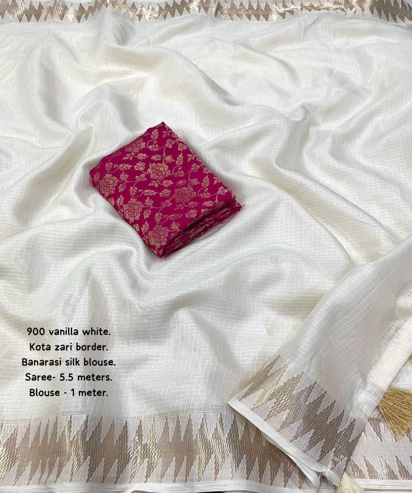 soft kota saree with zari woven zig zag border.cotton tassels on pallu.contrast zari woven banarasi silk blouse