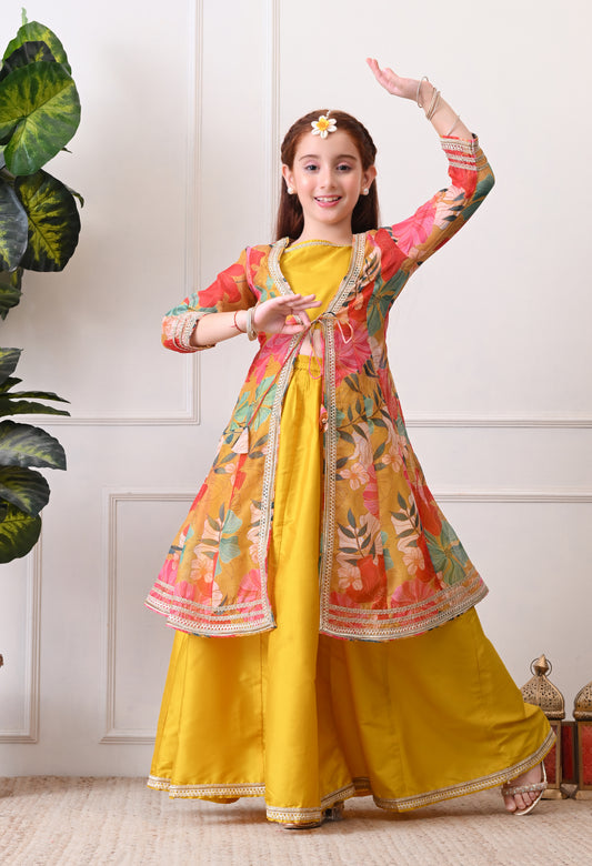Girls Mustard Yellow Lehenga Choli Set with Multicolor Floral  Jacket