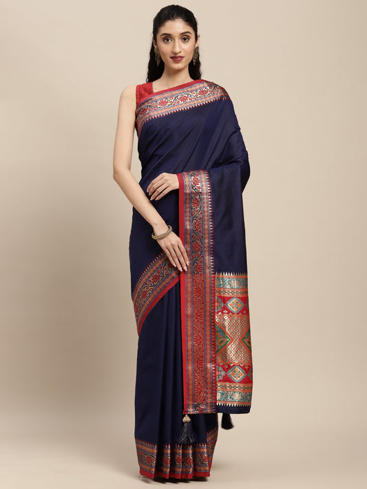 Ethnic Navy Blue Party Wear Saree with Rich Pallu and Contrast Red Zari Border