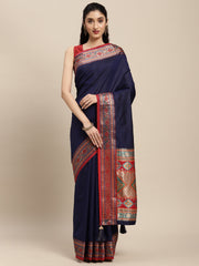 Ethnic Navy Blue Party Wear Saree with Rich Pallu and Contrast Red Zari Border