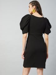 Black Tulip Wrap Dress With Volume Sleeves