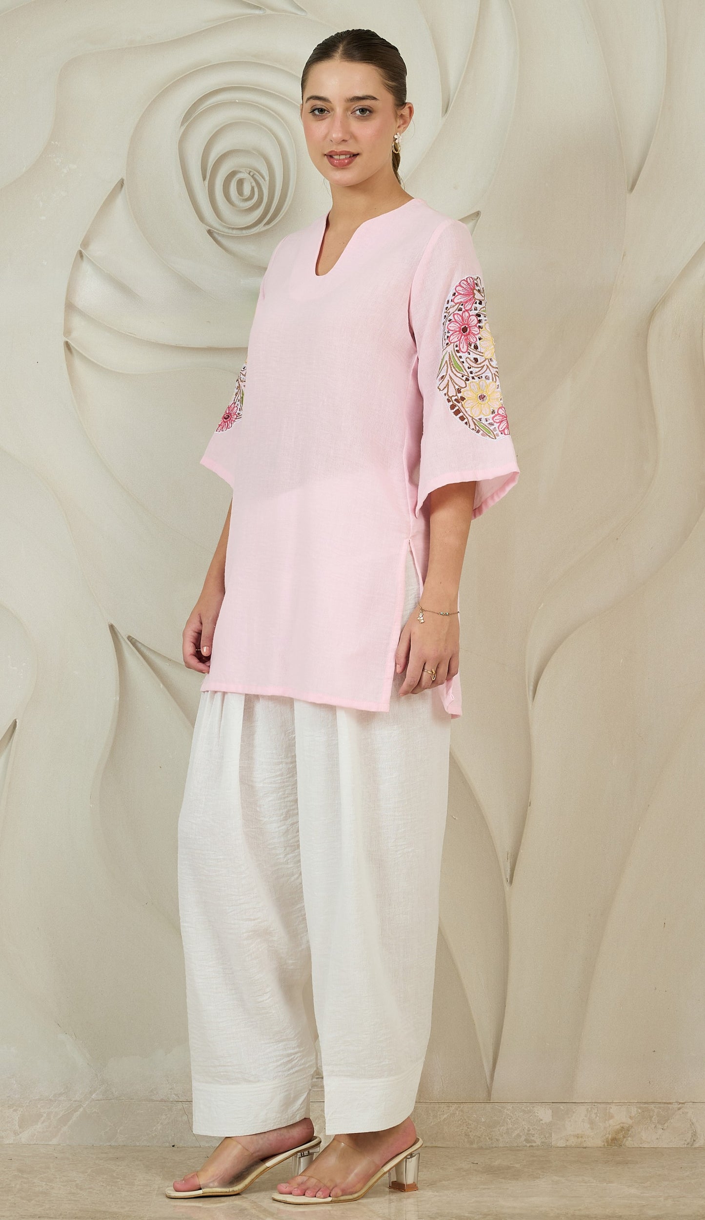 Women Pink Cutwork Embroidered Kurta and Farshi Salwar Set