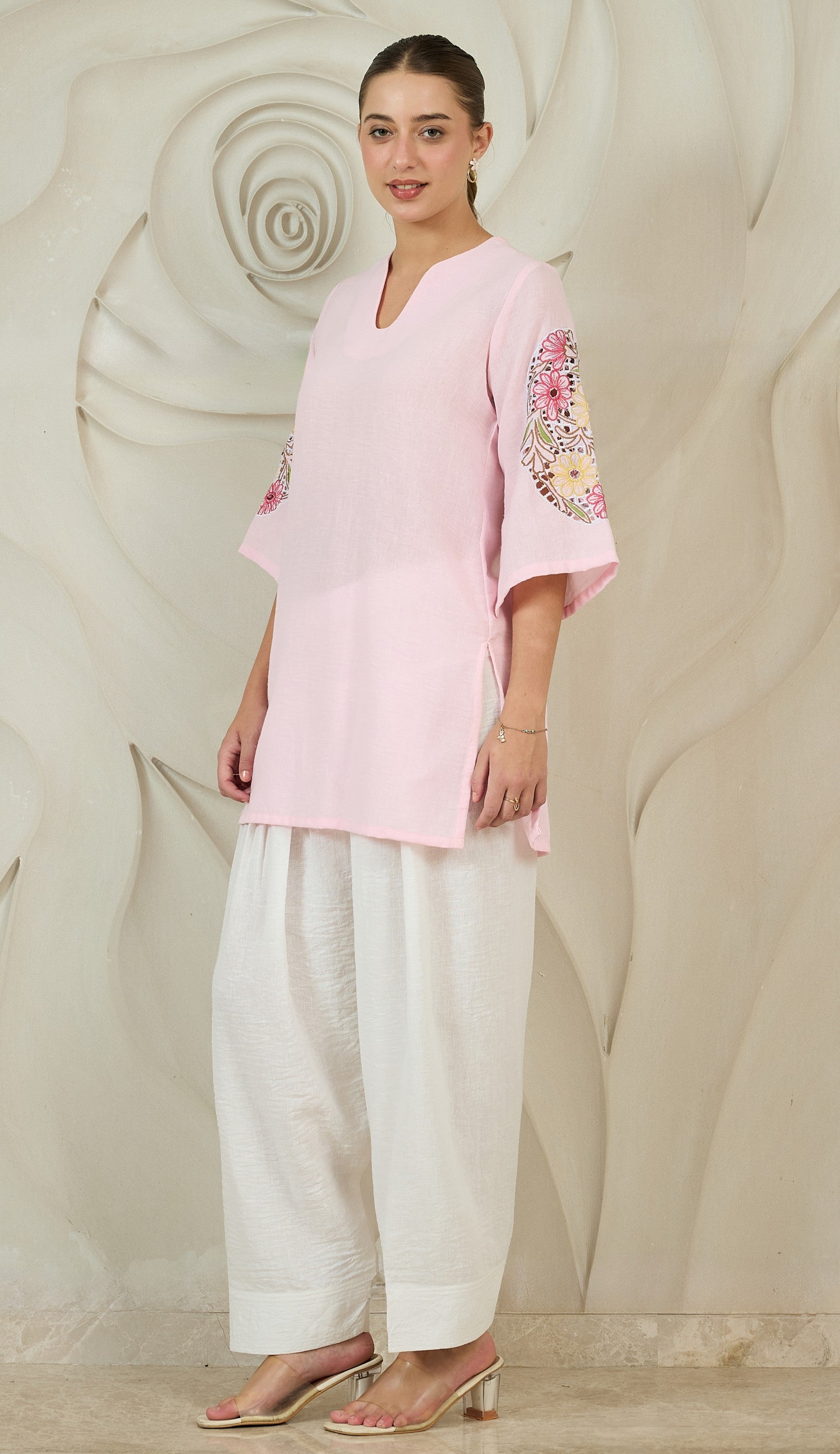 Women Pink Cutwork Embroidered Kurta and Farshi Salwar Set